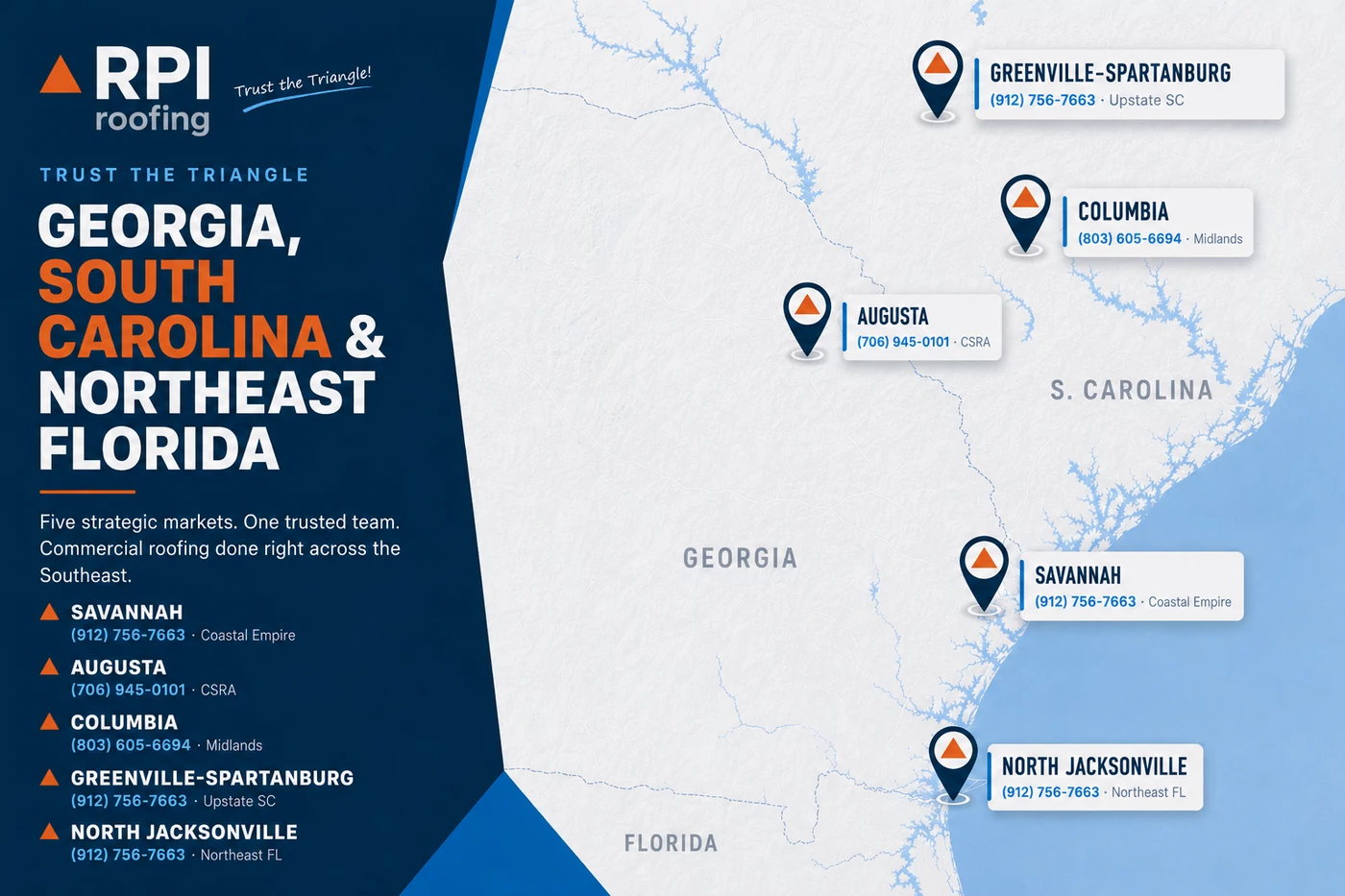 RPI Roofing service area map of Georgia, South Carolina and Northeast Florida - Savannah, Augusta, Columbia, Greenville-Spartanburg and North Jacksonville with direct office phone lines